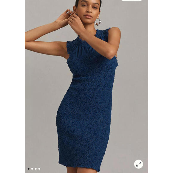 Anthropologie Dresses & Skirts - By Anthropologie Textured Mini Dress Bodycon Ruffle Smocked Womens L Blue NWT